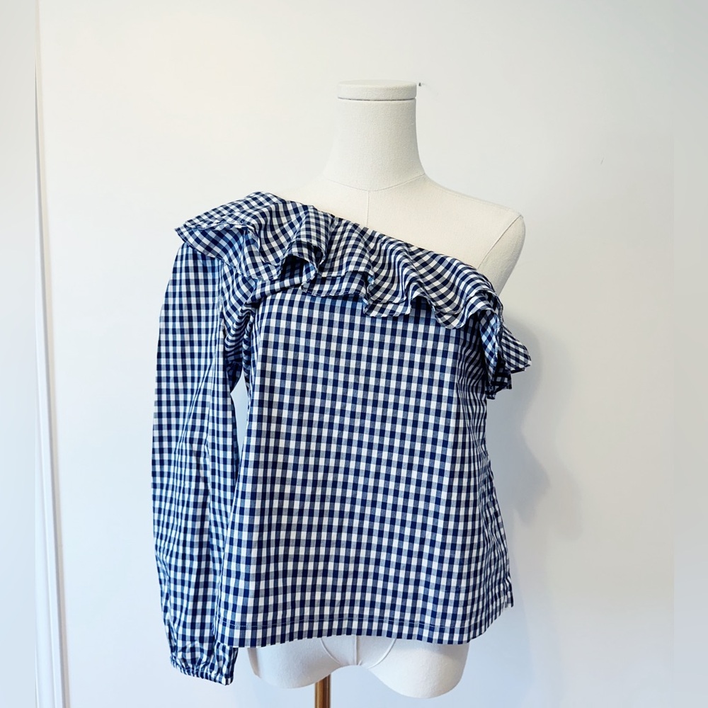 Jcrew women gingham one shoulder ruffle navy and white blouse size 6